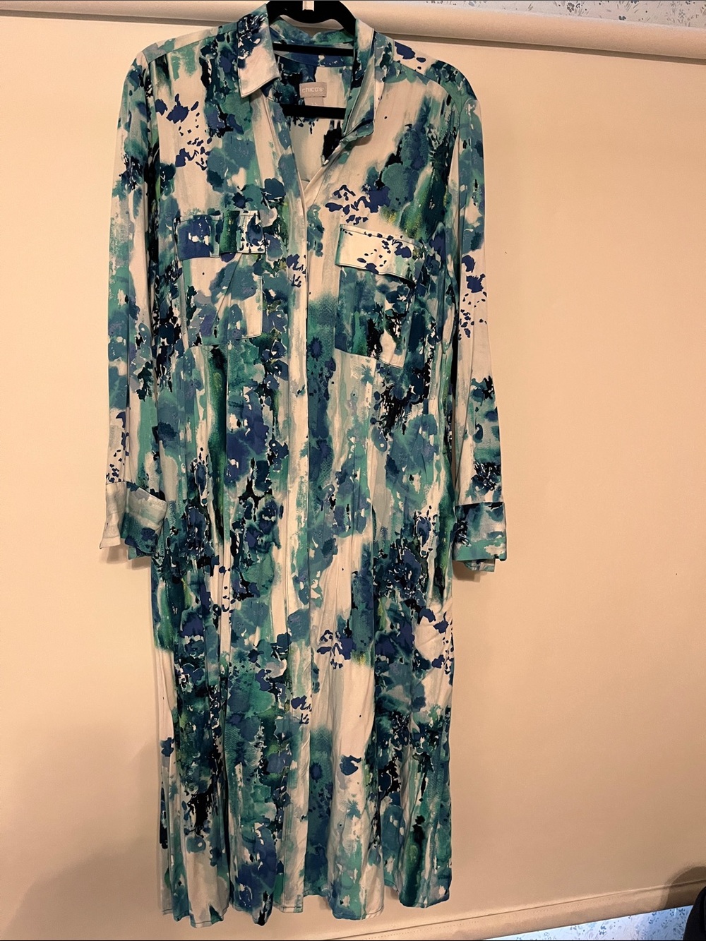 Chico's Teal, Blue & White Abstract Maxi Shirt Dress